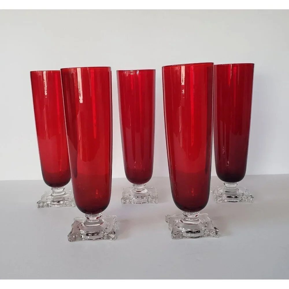 Vintage MCM Seneca Slim Jim 903 Ruby Red Footed Pilsner Beverage Glass Vase Set